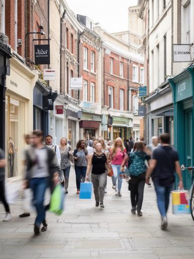 Shoppers walking through a busy British high street with retail displays