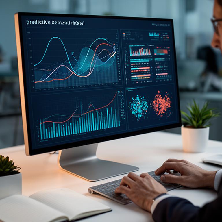 Predictive demand model displayed beside retail sales charts on an analyst's monitor