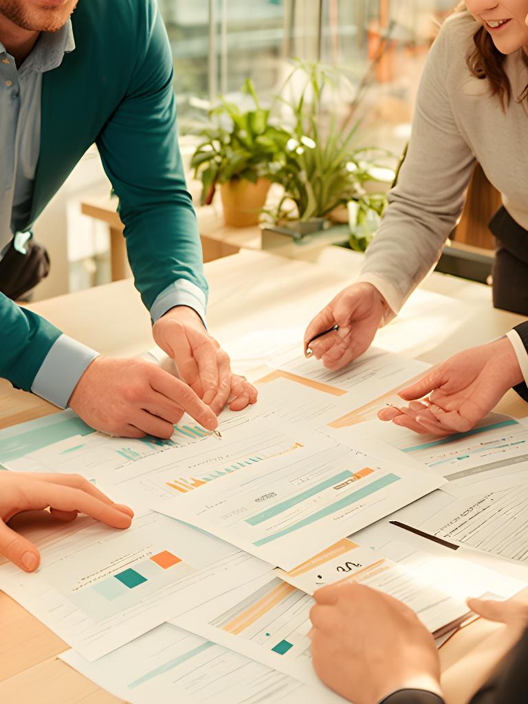 Consultants collaborating over printed business measures in a West Suffolk workspace