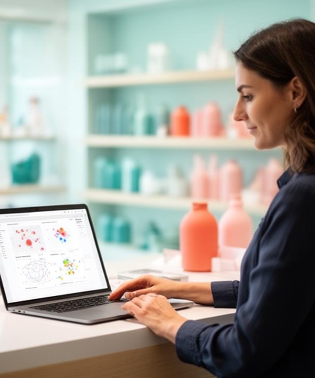Retail analyst comparing customer behaviour charts on a laptop in a modern shop