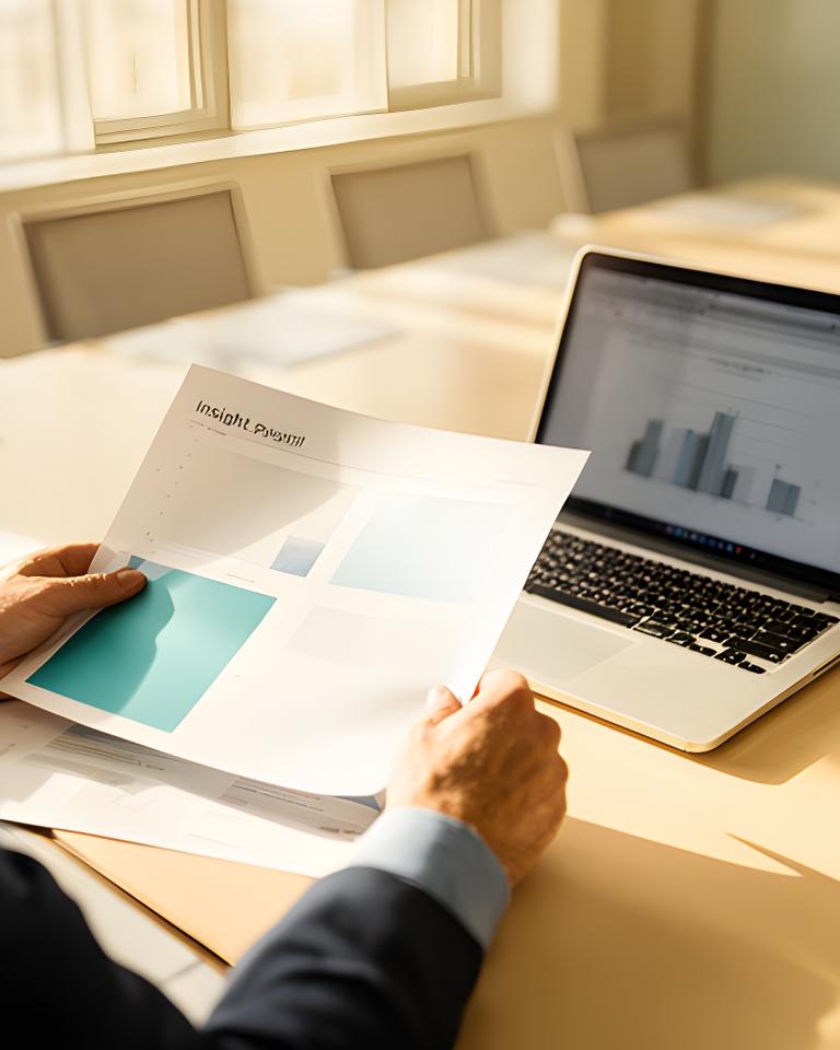 Consultant inspecting a printed insight report beside a laptop in a sunlit meeting room