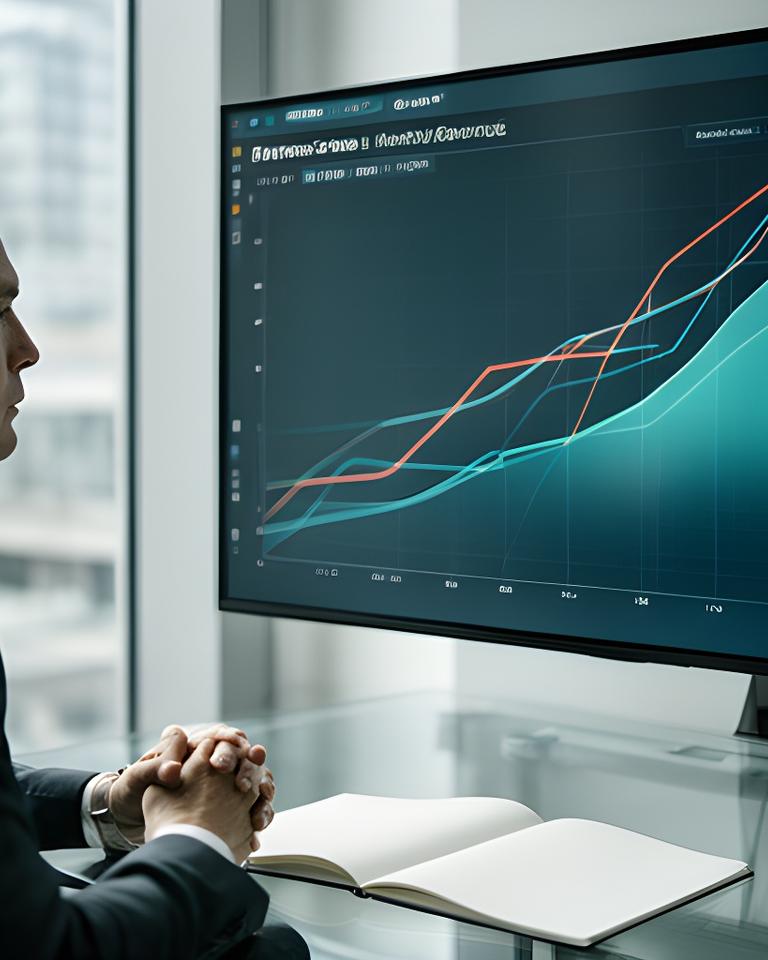 Business analyst comparing forecast lines and monthly revenue figures on a large monitor