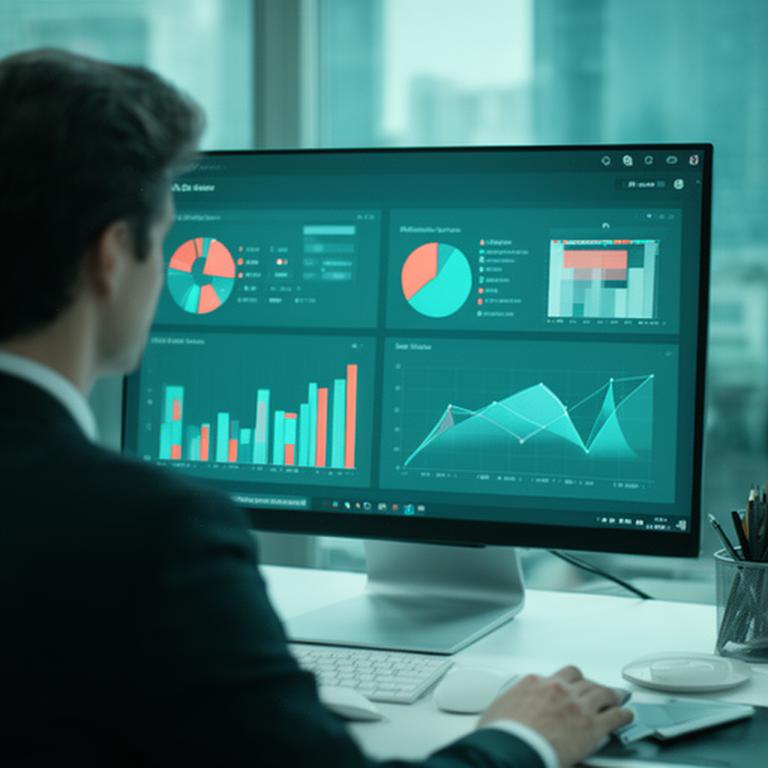 Analyst studying a business performance dashboard on a large desktop screen