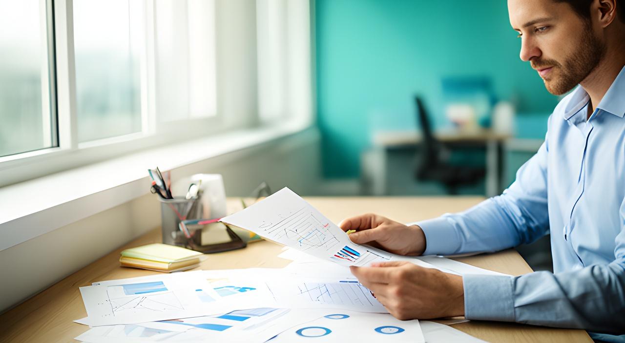 Analyst reviewing printed market charts beside a bright office window