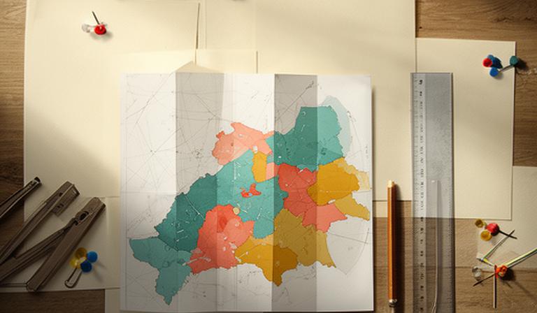 Printed regional map and research notes arranged on a wooden analysis table