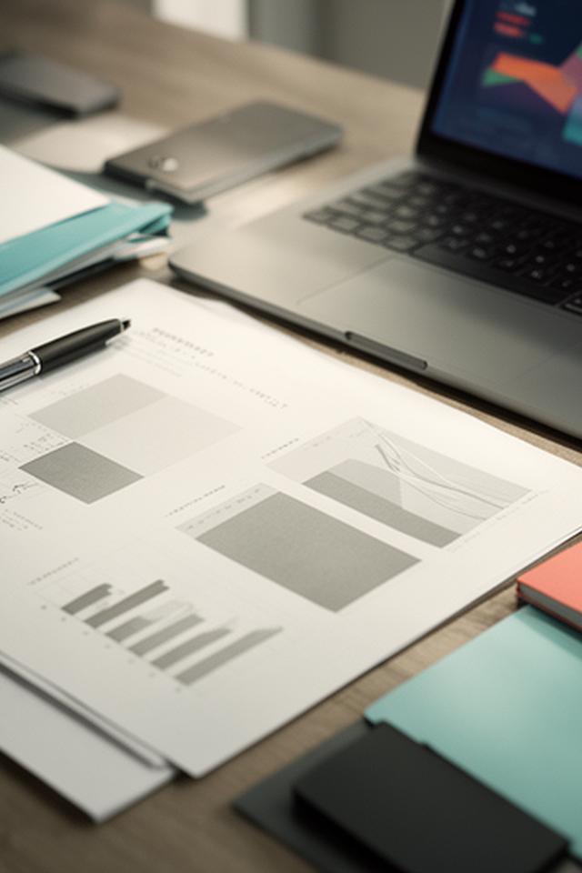 Printed board report beside a laptop showing carefully annotated business metrics
