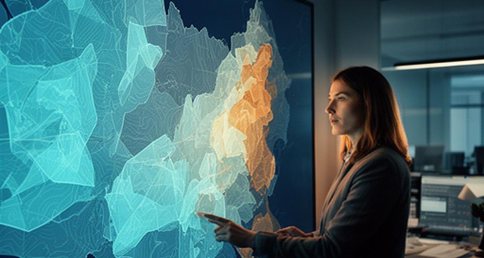 Insurance analyst reviewing a regional risk exposure map with layered property data