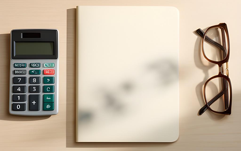 Notebook marked with legal review notes beside a calculator and reading glasses on a tidy desk
