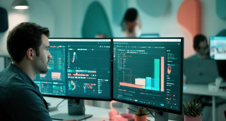 SaaS product manager studying usage and churn prediction charts on dual monitors