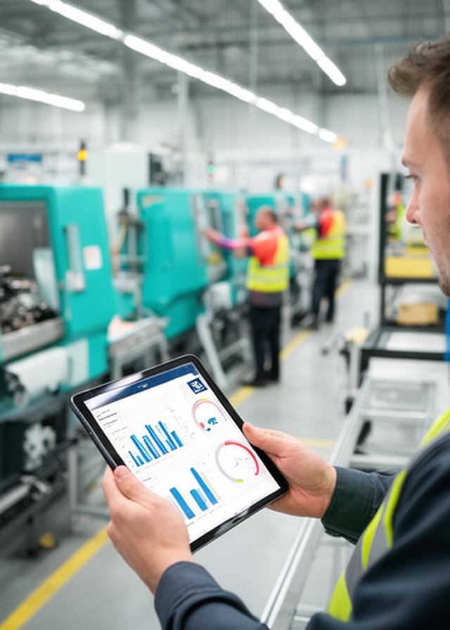Operations director reviewing live performance measures on a tablet beside a production floor