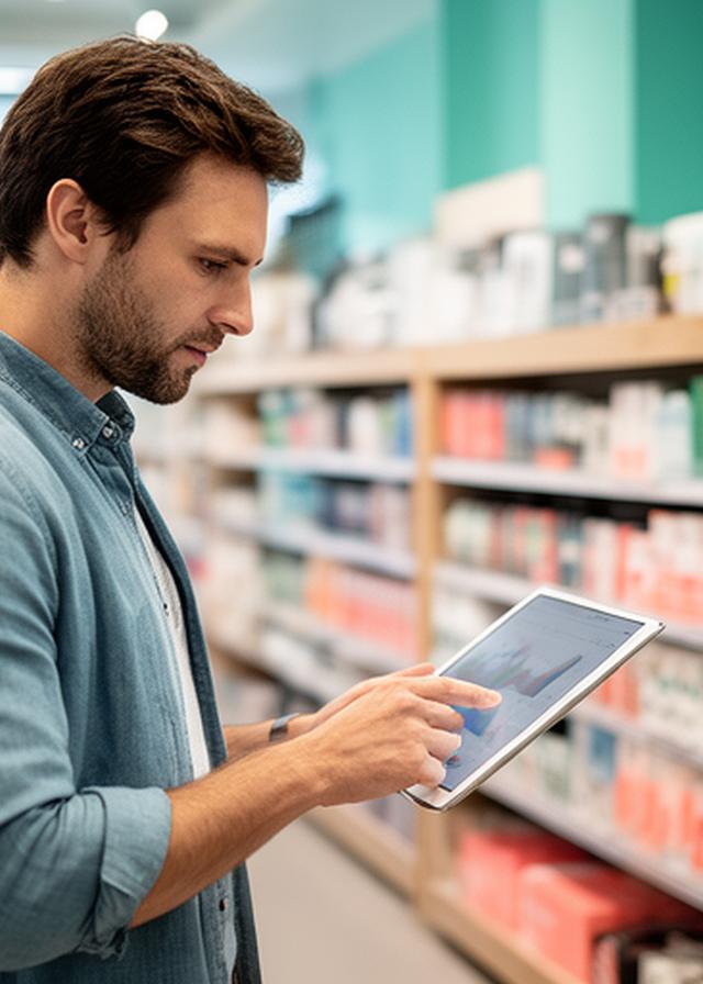 Retail manager studying store sales figures beside organised shelves