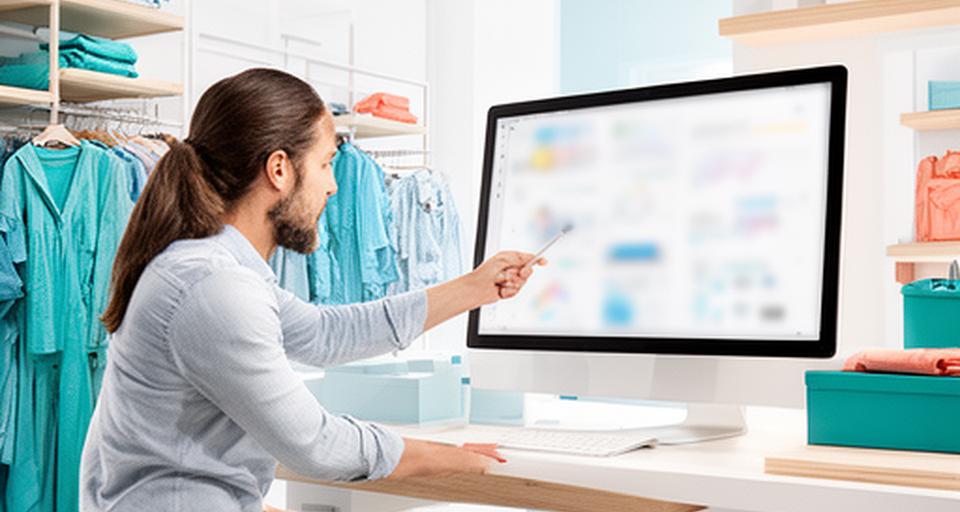 Retail planner viewing inventory and pricing dashboards in a bright showroom