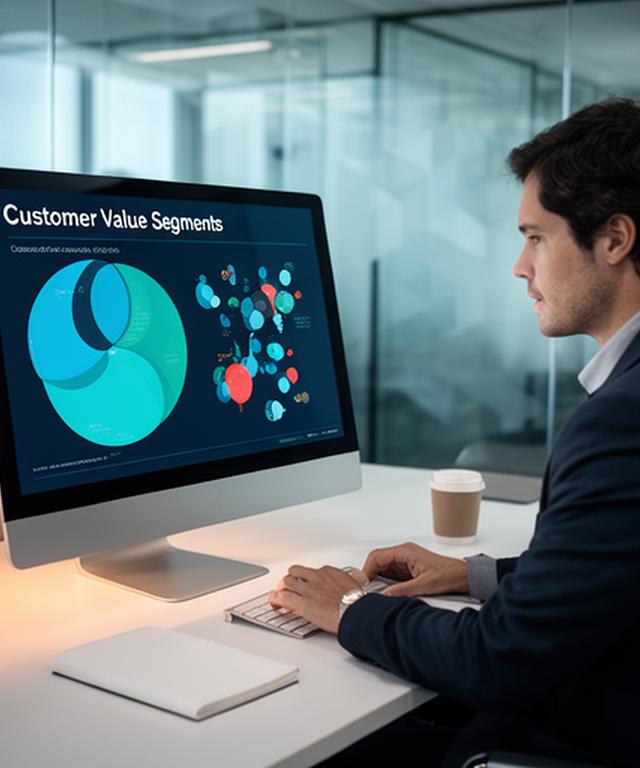 FinTech product manager examining customer lifetime value segments on a desktop display