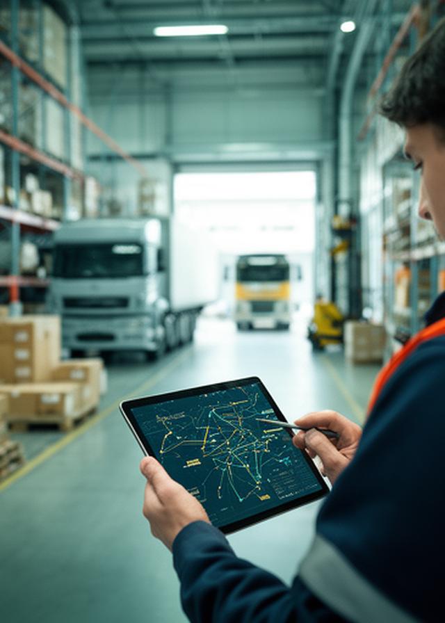 Supply chain coordinator examining route planning data in a distribution centre